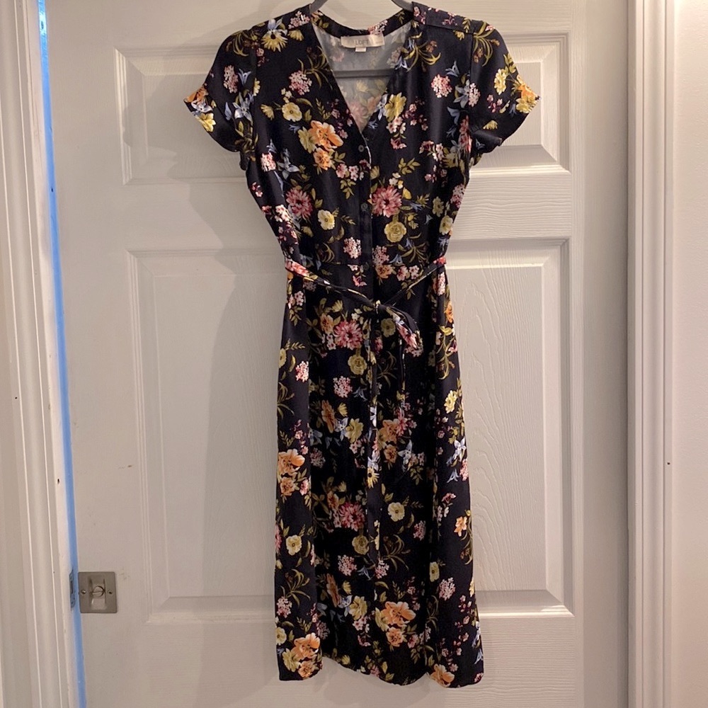 Navy floral button front midi